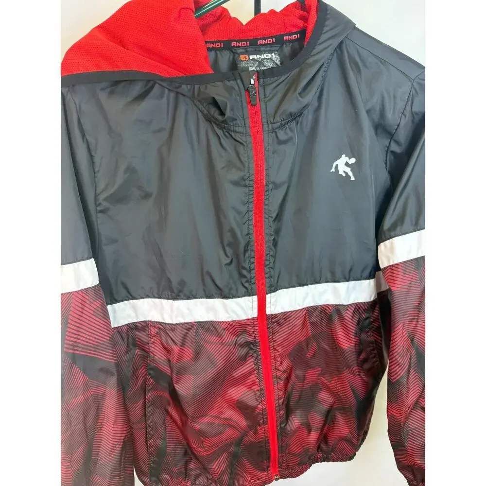 AND1 Youth Windbreaker Jacket Red Black Athletic Hooded Zip Lightweight XL 14/16